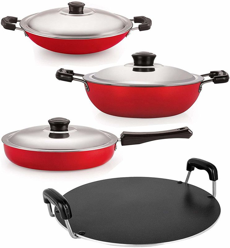 NIRLON Non-Stick Aluminium Cookware Set, 4-Pieces, Red Non-Stick Coated Cookware Set  (PTFE (Non-stick), Aluminium, 4 - Piece)