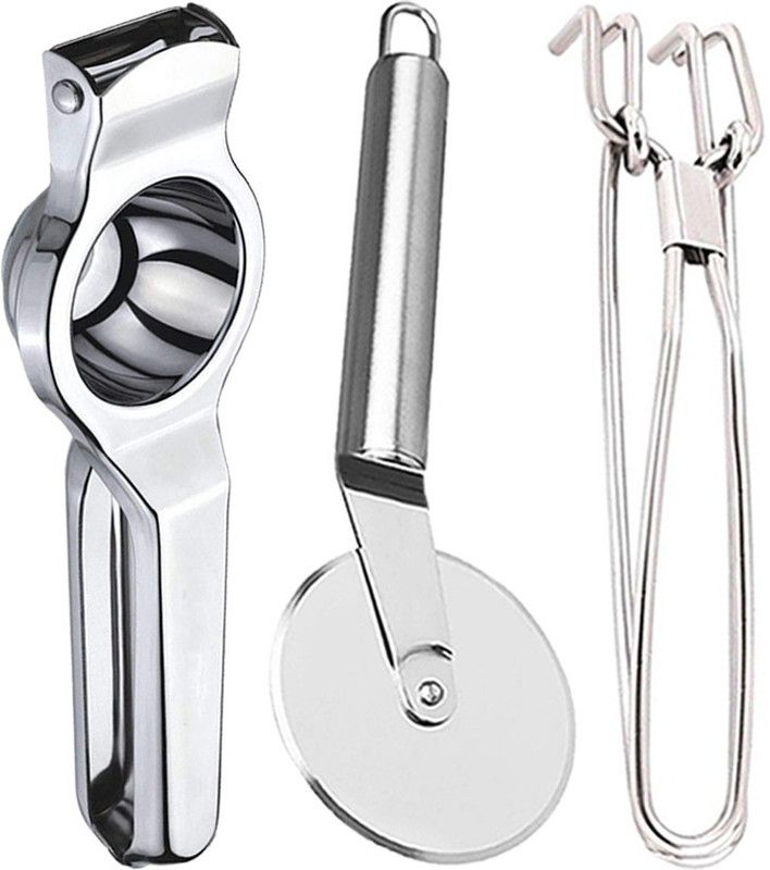 OC9 Stainless Steel Lemon Squeezer & Pizza Cutter & Pakkad/ Tong Kitchen Tool Set  (Silver, Tong, Cutter, Juicer)