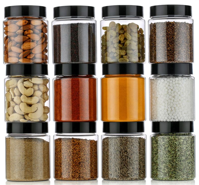 Roseleaf Plastic Grocery Container - 350 ml  (Pack of 12, Black, Clear)