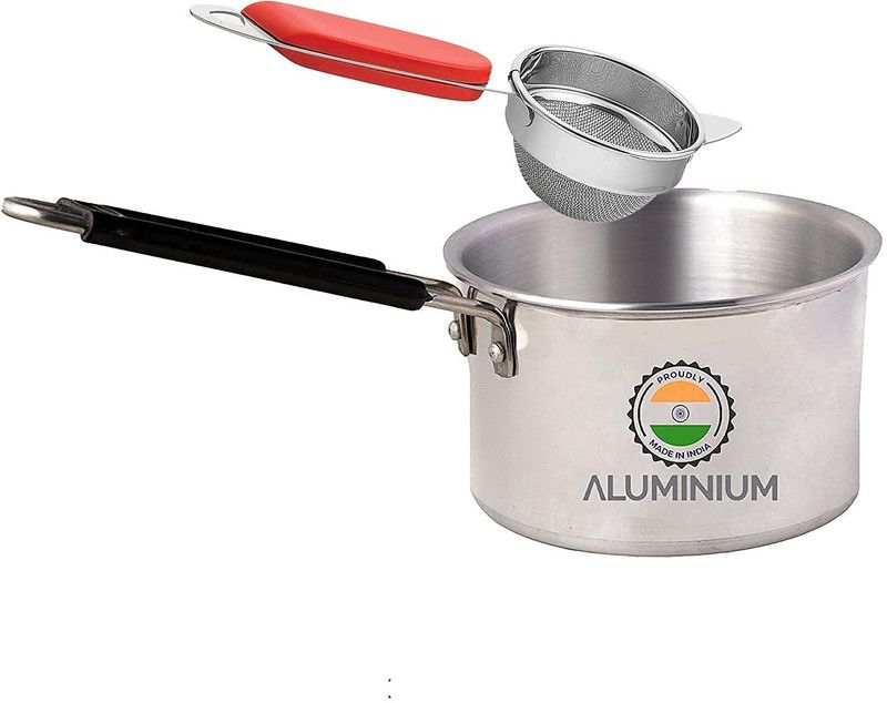 Aluminium Classic Series Butter Warmer / Saucepan Tea / Milk Pot Pan Dishwasher Safe Patila Sauce Pan, 2L Pan Silver (Free Stainless Steel Heavy Duty Chalni) Milk Pan 16.5 cm diameter with Lid 2 L capacity  (Steel, Induction Bottom)