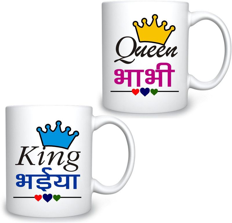 ADITI Designs King Bhaiya and Queen Bhabhi Ceramic Coffee Mug  (300 ml, Pack of 2)
