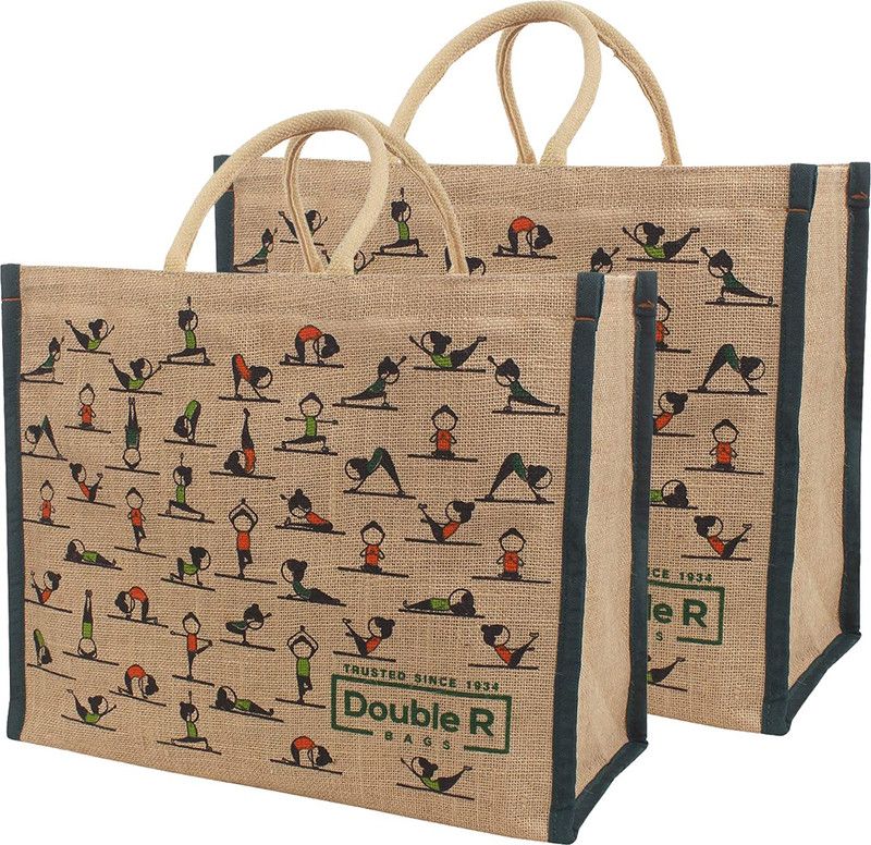 DOUBLE R BAGS Reusable Jute Yoga Print Cloth Shopping Bags with Handle Pack of 2 Grocery Bags  (Brown)
