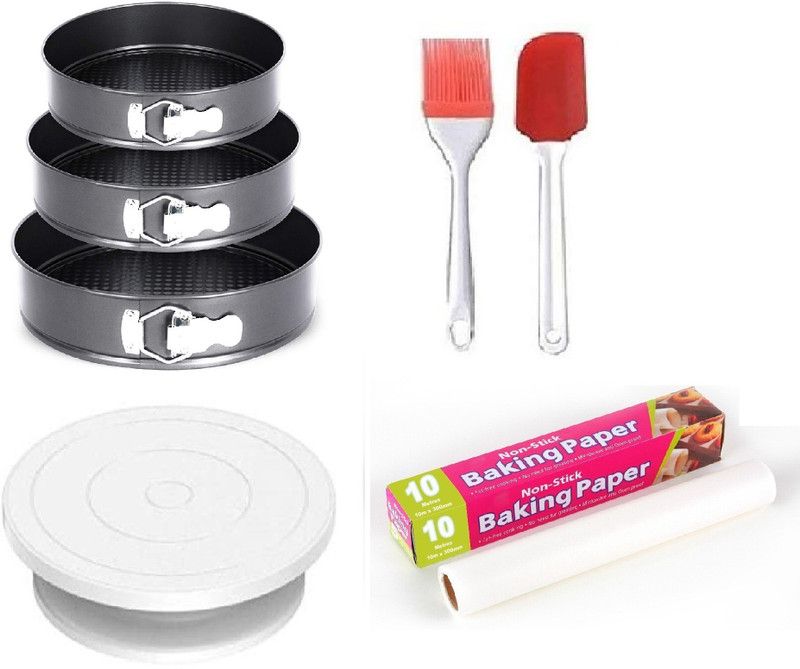 MOREL CAKE ITEM COMBO – PLASTIC CAKE TURNTABLE, CAKE MOULD 1 SET (PAN 3), SILICON SPATULA AND BRUSH, BAKING PAPER FOR BAKING CAKE AND CAKE DECORATIONS. Kitchen Tool Set  (Baking Tools)