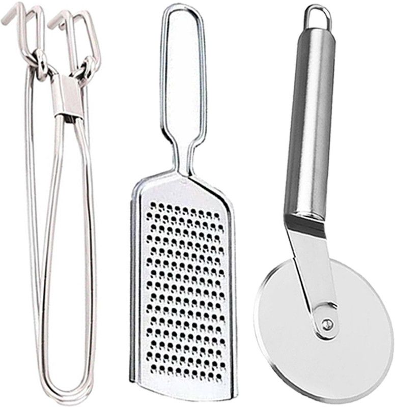DreamBasket Stainless Steel Pakkad & Grater & Pizza Cutter Kitchen Tool Set  (Silver, Tong, Grater, Cutter)
