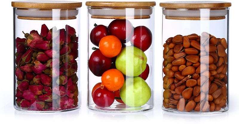 Avresta 270ml Glass jar wooden lid for Food Storage Containers Set,Airtight Food Jars - 270 ml Glass Cookie Jar  (Pack of 3, Clear)