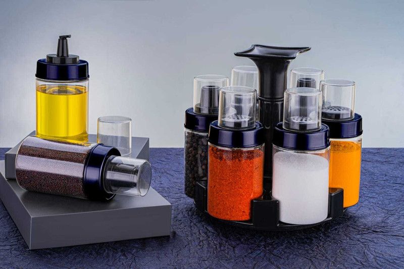 6 in 1 Revolving Spice Rack Masala Rack Spice Box Masala Box Masala Container Spice Set (Plastic, Black) 1 Piece Spice Set  (Plastic)