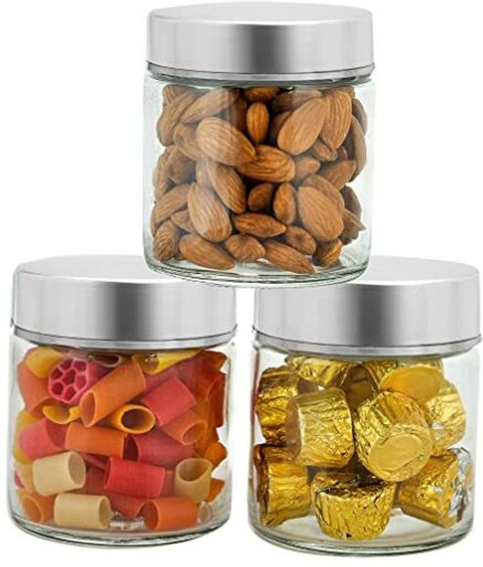 ACHAK Glass Grocery Container - 300 ml  (Pack of 3, Clear, Silver)