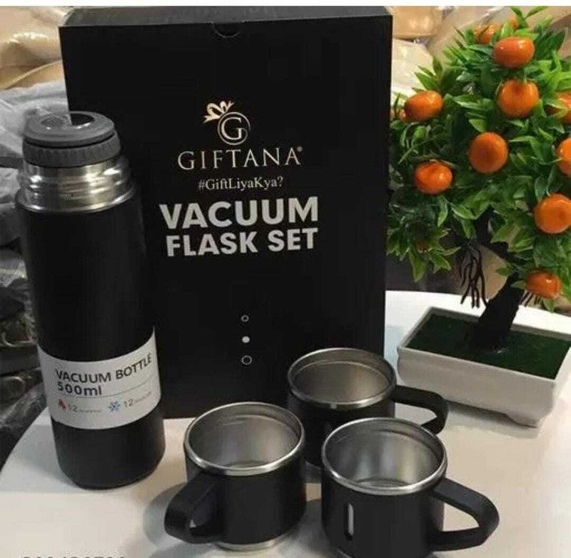 Sqoota Grey Flask bottle 3 Steel Cup_Combo 500 ml Flask  (Pack of 4, Grey, Steel)