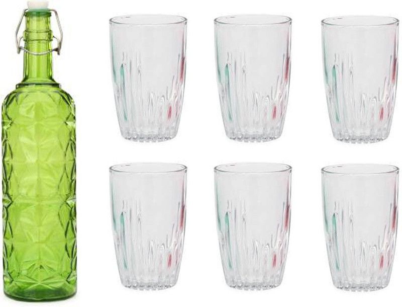 AFAST Bottle & 6 Glass Serving Lemon Set, Green, Clear, Glass - A369 Jug Glass Set  (Glass)