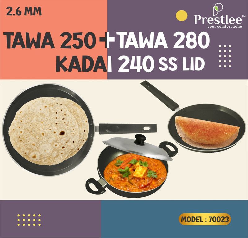 Sabari Prestlee Tawa 250+280&Kadai 240SSLid/Dosa Tawa Set/Non Stick/Tawa Combo-2.6MM Tawa 24 cm diameter  (Aluminium, Non-stick)