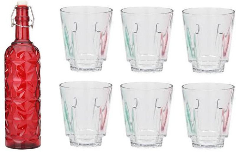 AFAST Bottle & 6 Glass Serving Lemon Set, Red, Clear, Glass 1000 ml Bottle With Drinking Glass  (Pack of 7, Red, Clear, Glass)