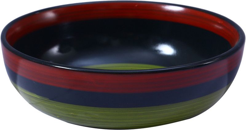 caffeine Ceramic Serving Bowl Handmade Green Chandrakari  (Pack of 1, Green, Black)