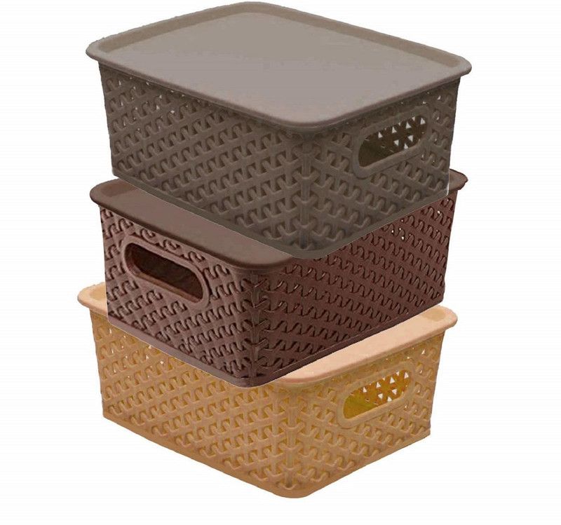 Redsky Plastic Multipurpose Solitaire Storage Basket with Lid Storage Basket  (Pack of 3)