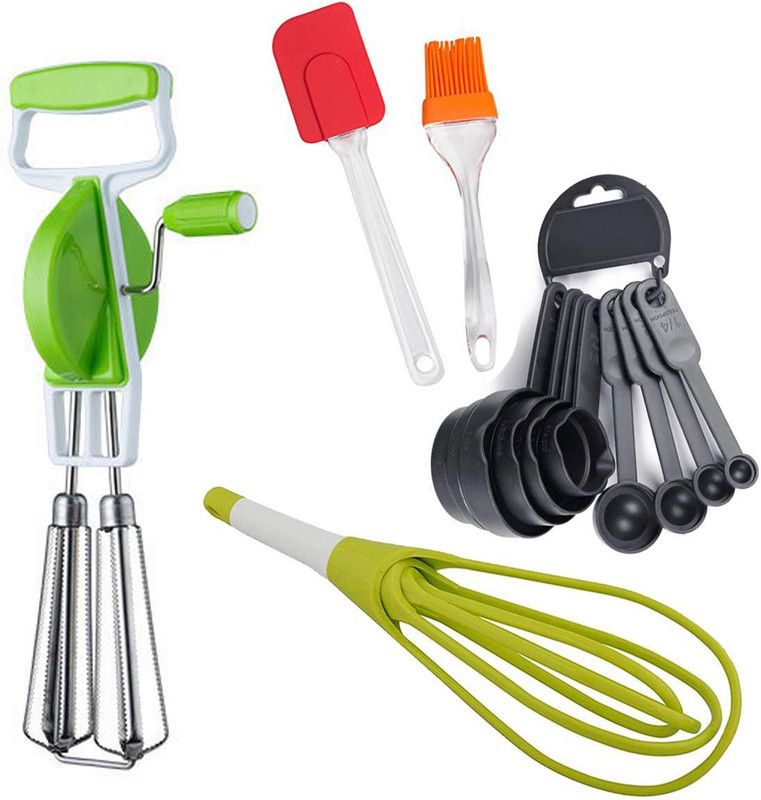 SEAHAVEN Magic Fold able Plastic Whisk Beater,Measuring Spoon And Cup Set,Silicone Series oil Brush With Spatula And Power Free Hand Blender Kitchen Tool Set  (Spatula, Blender, Brush, Whisk, Baking Tools)