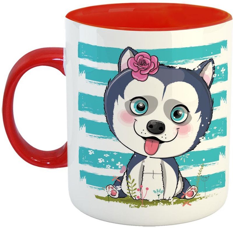 Furnish Fantasy Cute Husky Puppy Ceramic Coffee - Best Gift for Kids / Dog Lovers - Color - Red (0912) Ceramic Coffee Mug  (350 ml)