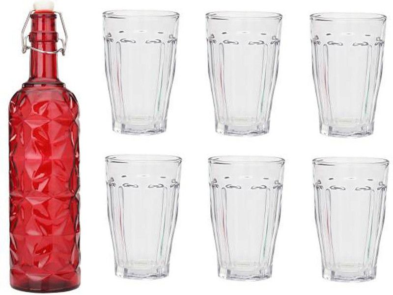 AFAST Bottle & 6 Glass Serving Lemon Set, Red, Clear, Glass - A1012 Jug Bottle Glass Set  (Glass)