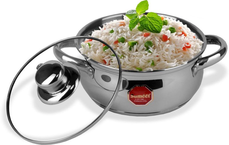 Sumeet Stainless Steel Induction Bottom (Encapsulated Bottom) Induction & Gas Stove Friendly Belly Shape Cook and Serve Casserole No. 10 (1.5 Ltr) With Glass Lid Cook and Serve Casserole  (1.5 L)