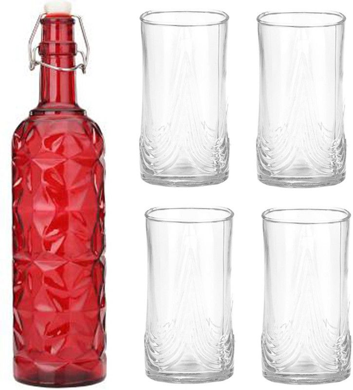 AFAST Bottle & 4 Glass Serving Lemon Set, Red, Clear, Glass - A920 Jug Glass Set  (Glass)
