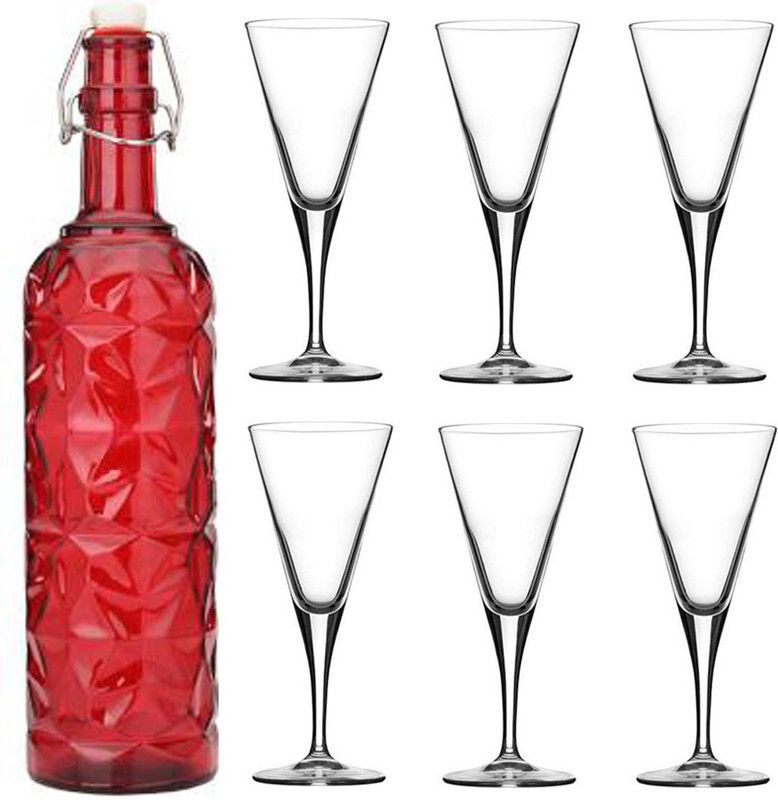 AFAST Bottle & 6 Glass Serving Lemon Set, Red, Clear, Glass - A1011 Jug Bottle Glass Set  (Glass)
