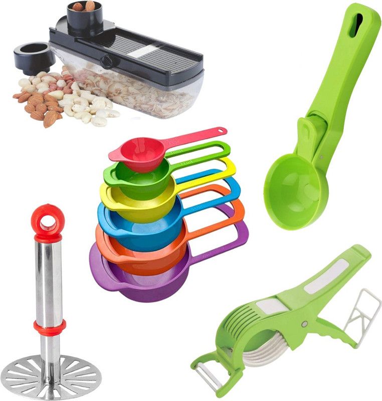 pSmart Kitchen Tool Combo Set Masher (Stainless Steel),Dry Fruit Slicer,ICE CREAM SCOOP,Spoon Set (6 pcs) Kitchen Tool Set  (Multicolor, Cutter, Masher, Slicer, Cooking Spoon)