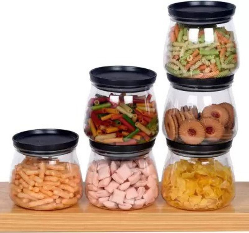 AURUMWARE Plastic Grocery Container - 900 ml  (Pack of 6, Clear, Black)
