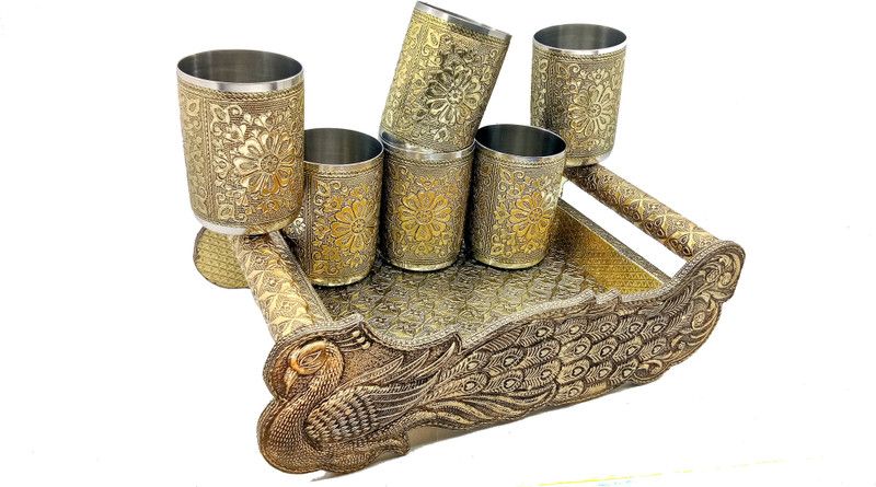 RHANDICRAFT Gold Peacock Design Tray With Handle Glass Tray Set, Glass Tray Set (Wood, Stainless Steel)Oxidize Glass, Handicraft Tray, Oxidized Peacock Design Glass Tray Set  (WOOD TRARY (STAINLESS STEEL GLASS))