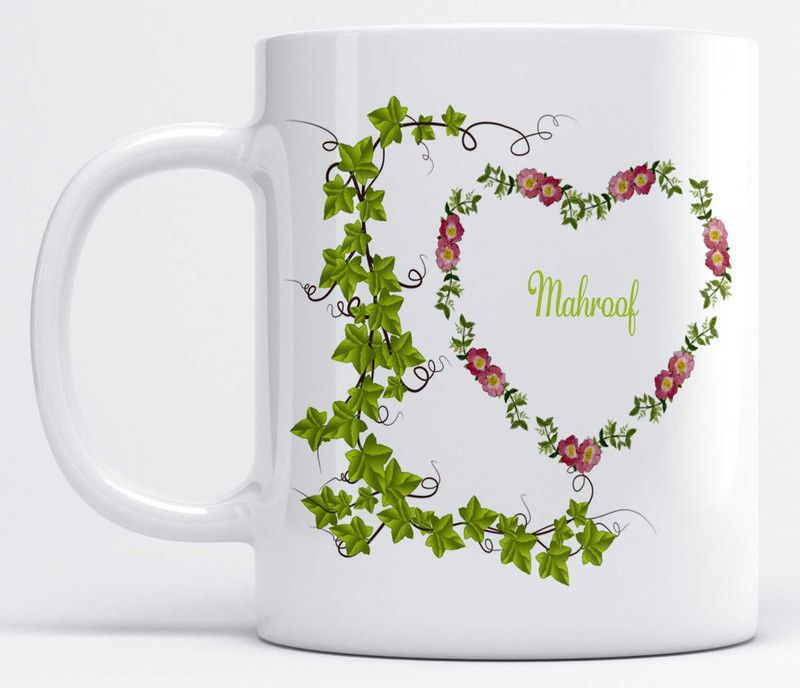 Name Mahroof Printed Green Leaves And Heart Design Ceramic Coffee Mug  (350 ml)