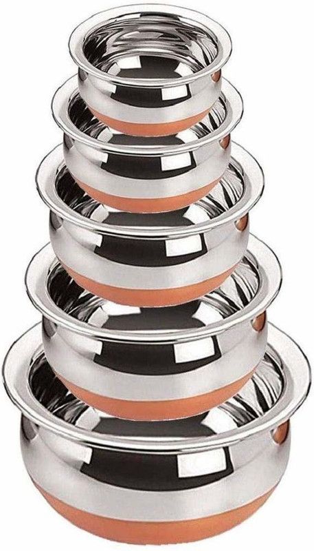 AJAGIYA MART Stainless steel handi set Copper Bottom serving bowl biryani Pot coockware 5 pcs Handi 0.4 L, 0.65 L, 0.85 L, 1.2 L, 1.6 L  (Stainless Steel, Copper)