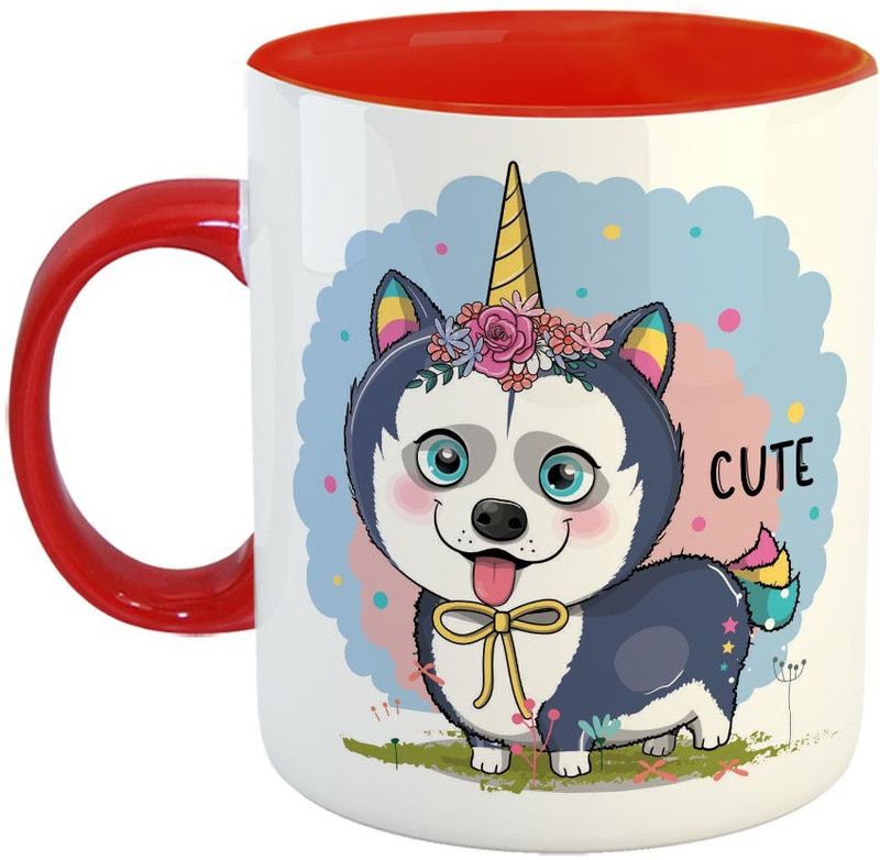 Furnish Fantasy Husky Puppy Ceramic Coffee - Best Birthday Gift for Daughter, Sister, Unicorn Lover - Color - Red (0757) Ceramic Coffee Mug  (350 ml)