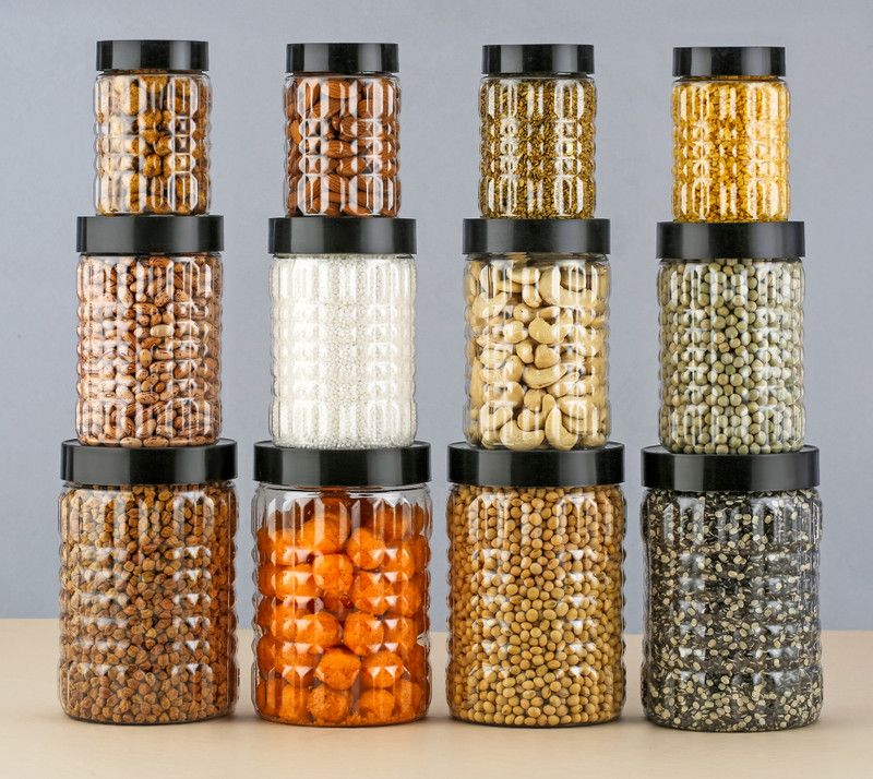 4 SACRED Airtight stackable kitchen storage JARS - 350 ml, 650 ml, 1200 ml Plastic Grocery Container  (Pack of 12, Black)