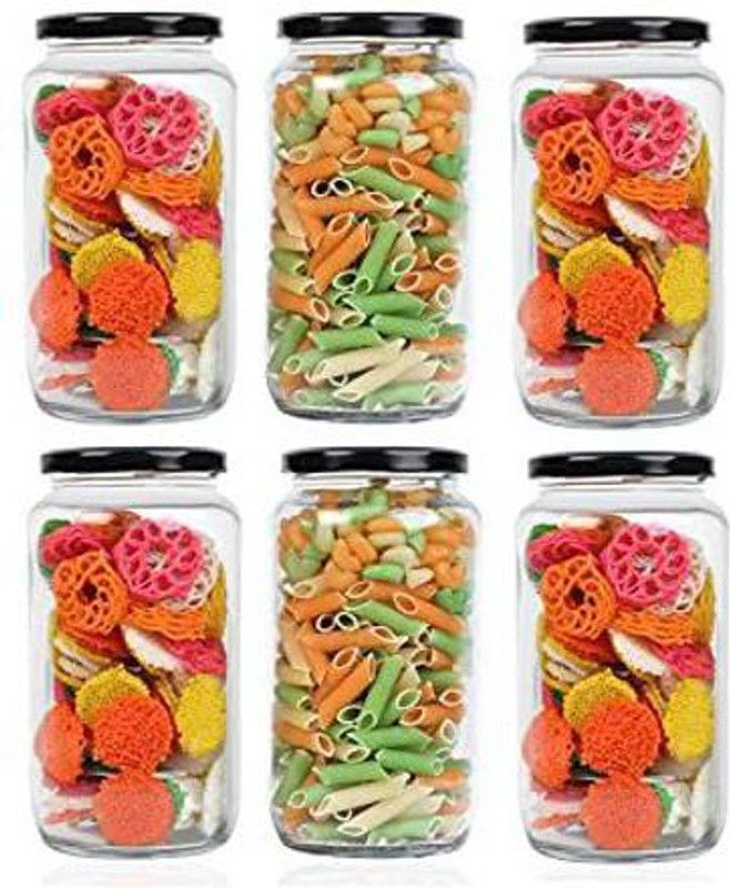 Florezza Glass Jar with Air Tight Cap - 1000ml, Set of 6, Transparent, Clear - 1000 ml Glass Grocery Container  (Pack of 6, Black)