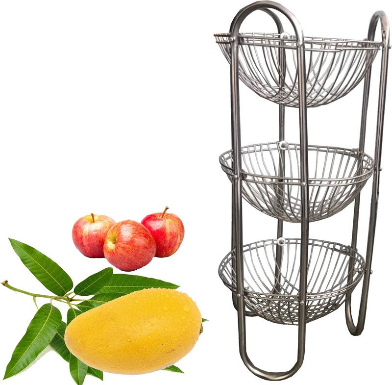 KUBER INDUSTRIES Stainless Steel Three Tier Fruits & Vegetables Round Trolley/ Multipurpose kitchen storage shelf rack/ Basket (Set of 1 Pc) Steel Fruit & Vegetable Basket  (Silver)