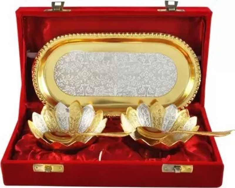 DealSmart Gold And Silver Plated Flower Shaped Bowl Tray Set Tray, Spoon, Bowl Serving Set  (Pack of 5)