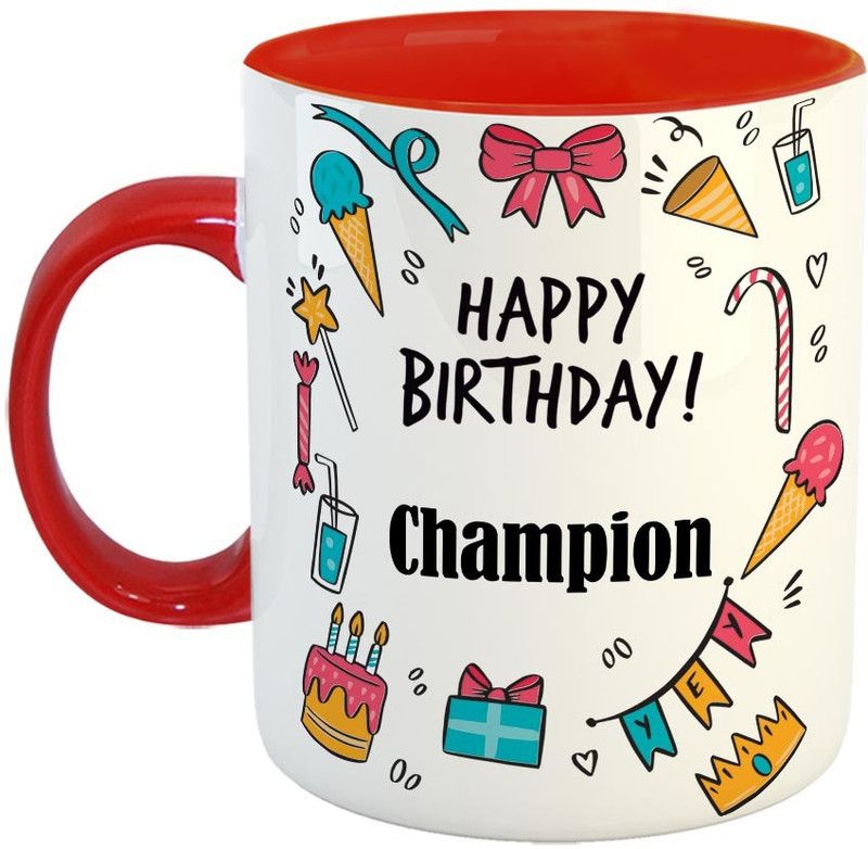 Furnish Fantasy Best Personalised Gift for Birthday, Red, Name - Champion Ceramic Coffee Mug  (350 ml)