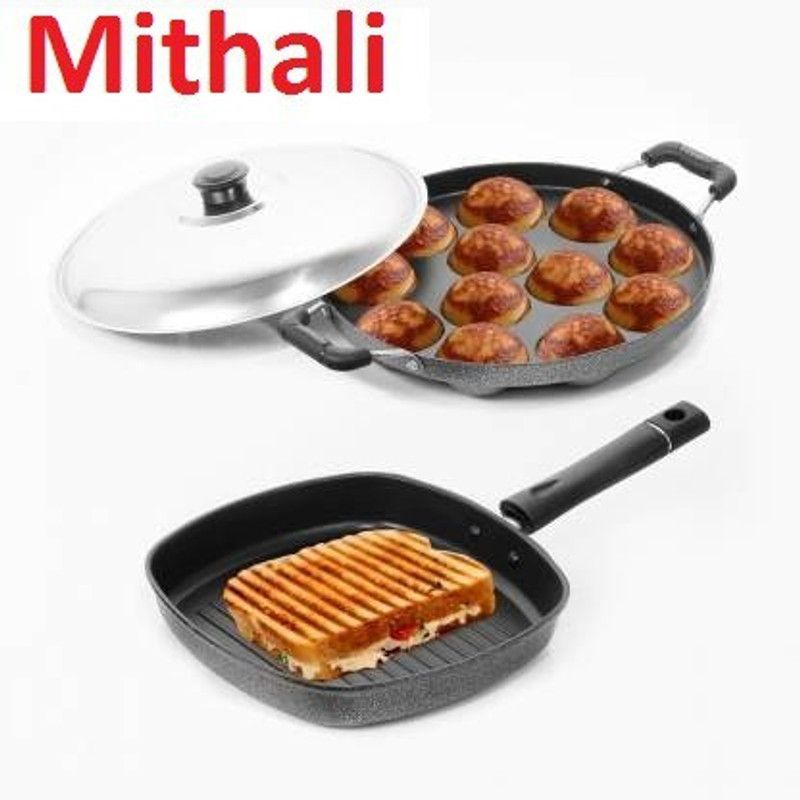 MITHALI Non-Stick 12 Cavity Appam Patra/Paddu Maker Ponganal Maker Hammer-Tone Coating Paniarakkal with Lid (Aluminium, Non-stick)&grill pan Induction Idli Maker  (12 Plates , 12 Idlis )
