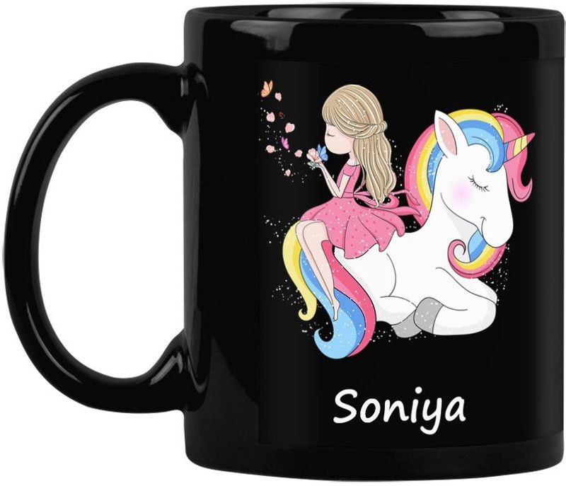 Furnish Fantasy Ceramic Coffee - Best Birthday Gift for Daughter, Sister, Gift for Kids, Return Gift - Color - Black Patch, Name - Soniya Ceramic Coffee Mug  (350 ml)