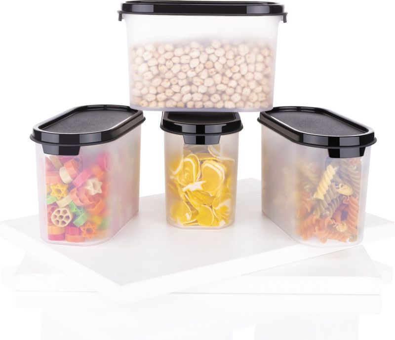 EMBICON Smart Buy Modular Kitchen Storage Container with Anti-Microbial Lid Oval Set for Flour, Cereals, Snacks, Stackable, BPA Free, Modular, 1000ml, Set of 4, Black - 1000 ml Polypropylene Grocery Container  (Pack of 4, Black)