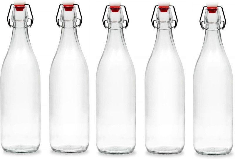 Massive Reckon Clear Glass Flip Top Bottle with Stopper, for Beverages, Smoothies, Kefir, Beer, Soda, Juicing, Kombucha, Water, Milk, Oil and Vinegar 1000 ml 5 pcs Glass Bottle Stopper  (Clear)
