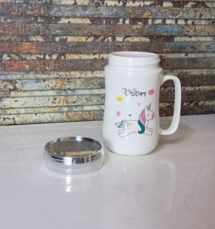 Ganatvya New Unicorn Printed Ceramic Coffee With Mirror Lid - 1 Piece Ceramic Modern Coffee, Easy to carry Ceramic Coffee Mug  (400 ml)