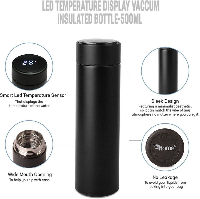 STOCKHAWKERS Smart LED Touch Active Temperature Display Insulated Stainless Steel Air Tight 500 ml Bottle  (Pack of 1, Black, Steel)