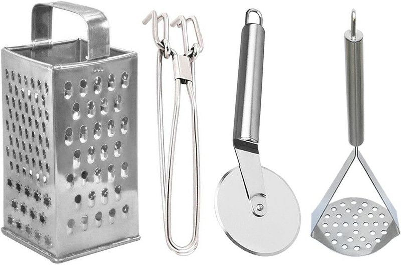 JISUN 4 in 1 Slicer and Grater & Utility Pakkad & Pizza Cutter & Potato Masher For Kitchen Tool Set  (Silver, Grater, Tong, Cutter, Masher)