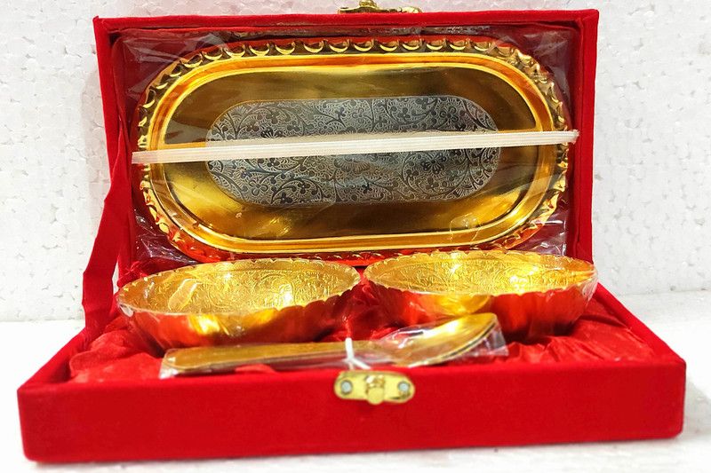 DealSmart Golden And Silver Plated Flower Shaped Bowl Tray Set Bowl, Tray, Spoon Serving Set  (Pack of 5)