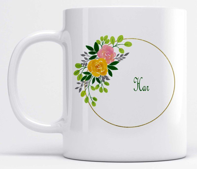 Name Har Printed Leaves And Flower Design Ceramic Coffee Mug  (350 ml)