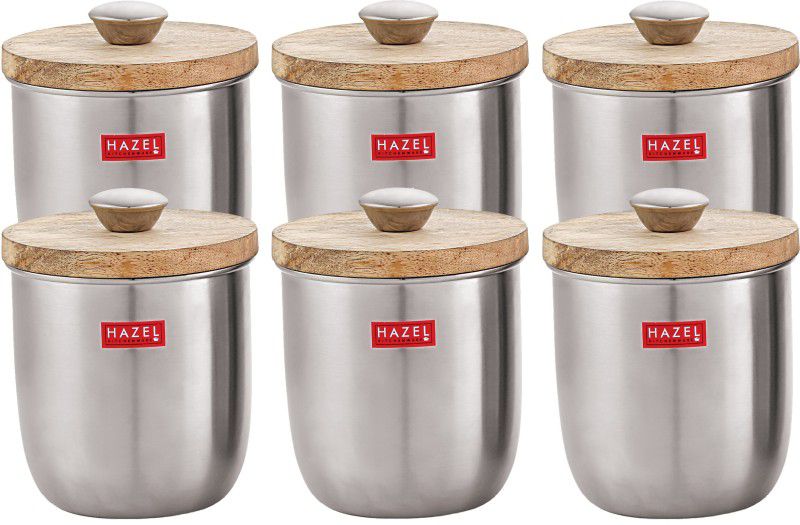 HAZEL Round Stainless Steel Jar Storage Canister Container With Wooden Lid & Knob Set of 6, 1325 ML, Silver - 1325 ml Steel, Wooden Grocery Container  (Pack of 6, Silver)