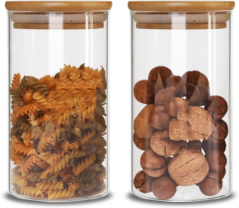 Risello Wooden Lid Airtight Borosilicate Glass Storage Jar (Pack of 2) - 1400 ml Glass Grocery Container  (Pack of 2, Clear)