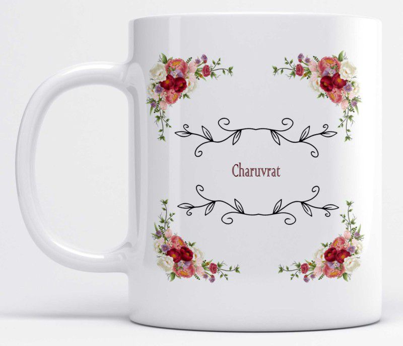 Floral Frame Name Charuvrat Printed Ceramic Coffee Mug  (325 ml)