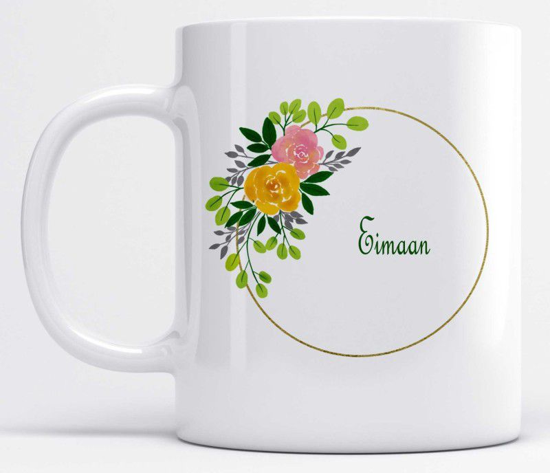 Name Eimaan Printed Leaves And Flower Design Ceramic Coffee Mug  (350 ml)