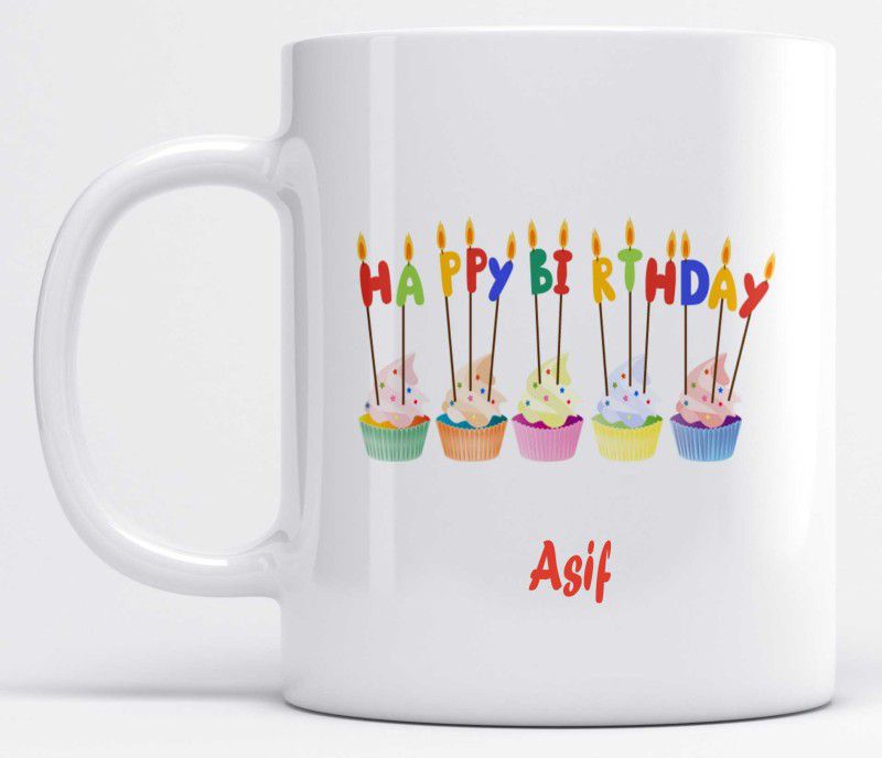 Name Asif Printed Happy Birthday Candle Design Ceramic Coffee Mug  (325 ml)