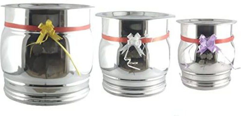 KhatuMart Stainless Steel Pawali Matka Atta Drum-Pack Of 3Pcs - 10 L, 15 L, 20 L Steel Milk Container  (Pack of 3, Silver)