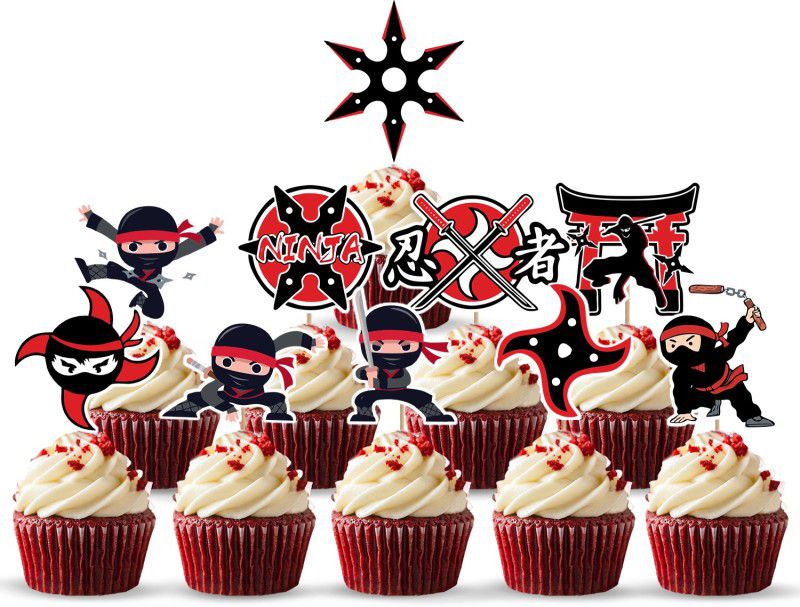 ZYOZI 10 Pcs Ninja Cupcake Toppers Assembled for Ninja Theme Baby Shower Kids Birthday Cupcake Topper  (Red Pack of 10)